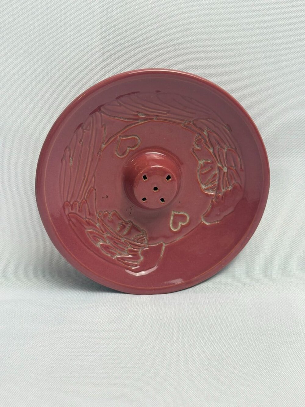 AIRS Pottery Ceramic Vented Incense Dish Heart Reddish Brown Folk Art USA 5"